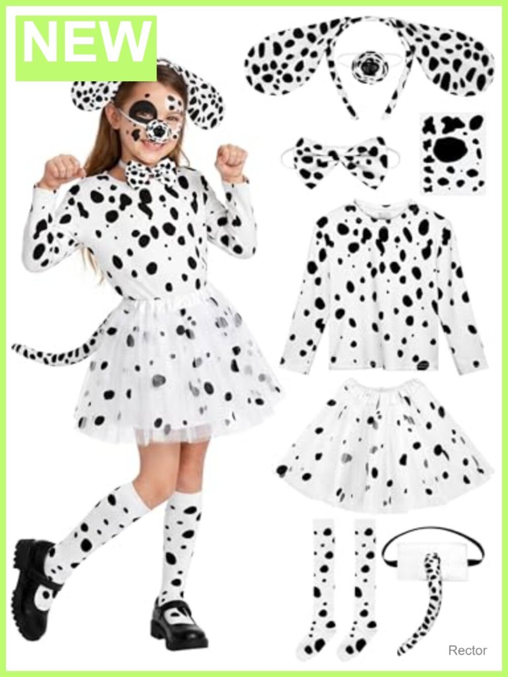 Girls Dalmatian Costume Set Tutu Skirt Headband Tail Nylon